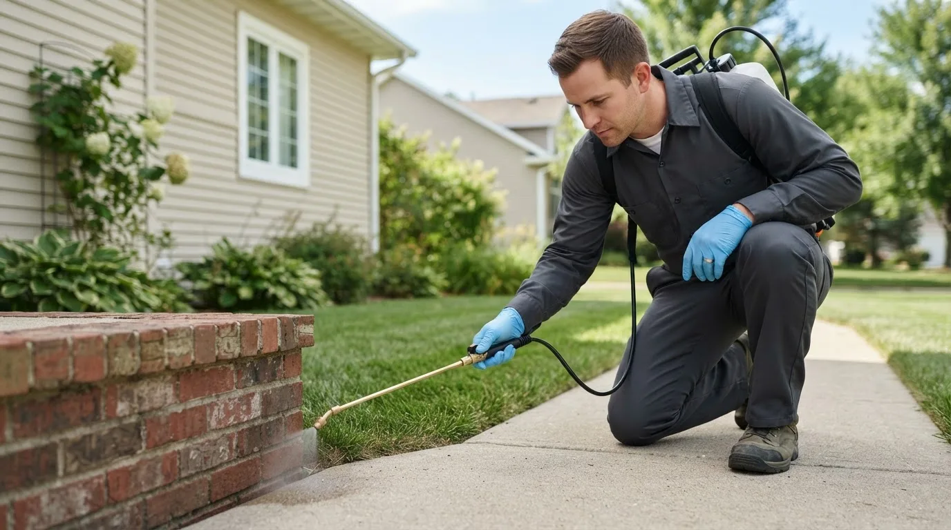 Pest control technician treating a home near Okaton, SD